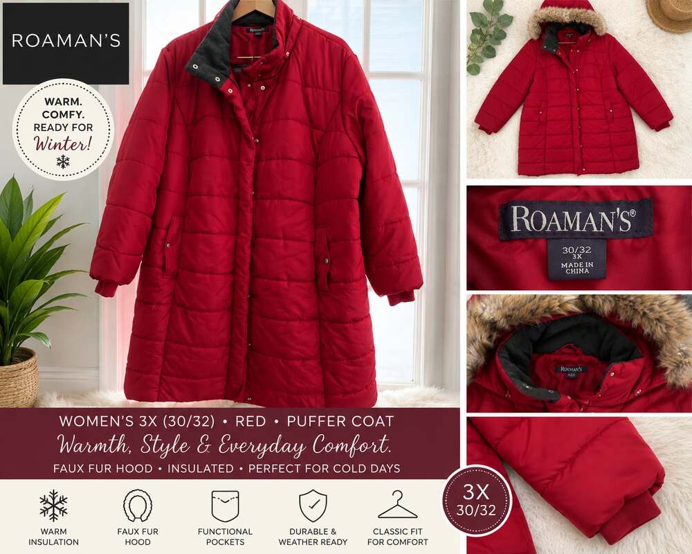 Roaman's Red Quilted Winter Puffer Jacket with Faux Fur Hood